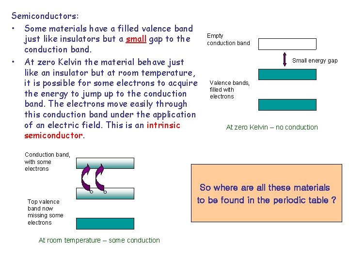 Semiconductors: • Some materials have a filled valence band just like insulators but a