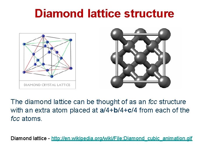 Diamond lattice structure The diamond lattice can be thought of as an fcc structure