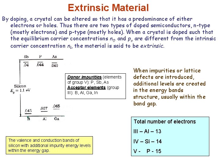 Extrinsic Material By doping, a crystal can be altered so that it has a