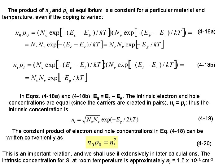 The product of n 0 and p 0 at equilibrium is a constant for