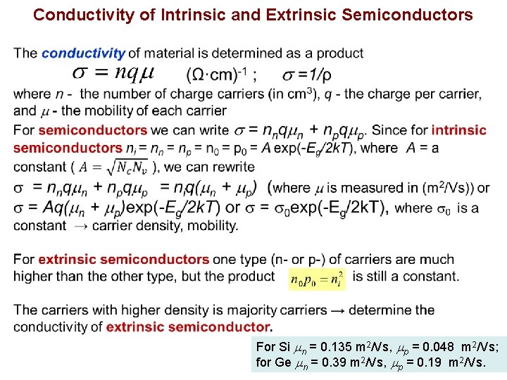 Conductivity of Intrinsic and Extrinsic Semiconductors For Si n = 0. 135 m 2/Vs,