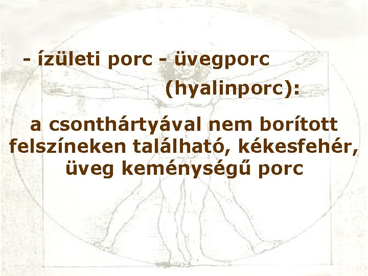- ízületi porc - üvegporc (hyalinporc): a csonthártyával nem borított felszíneken található, kékesfehér, üveg