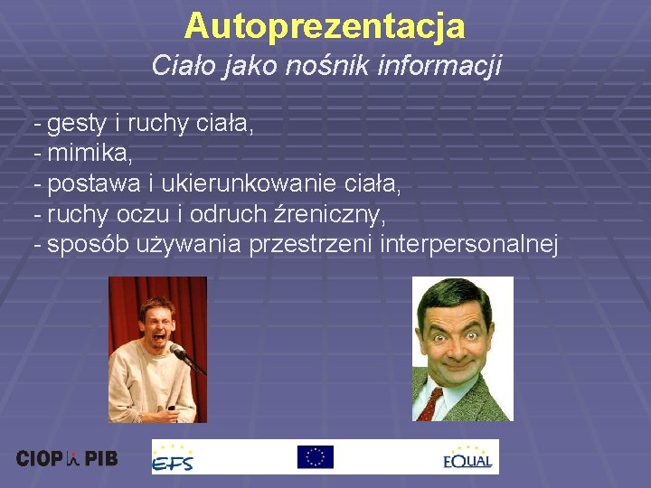 Autoprezentacja Ciało jako nośnik informacji - gesty i ruchy ciała, - mimika, - postawa