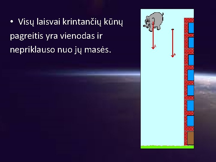 • Visų laisvai krintančių kūnų pagreitis yra vienodas ir nepriklauso nuo jų masės.