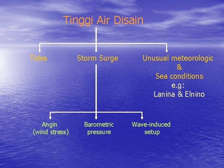 Tinggi Air Disain Tides Angin (wind stress) Storm Surge Barometric pressure Unusual meteorologic &