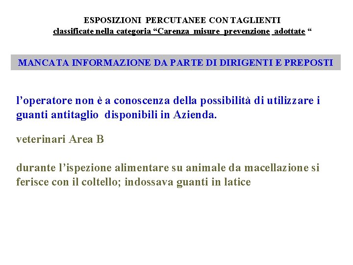 ESPOSIZIONI PERCUTANEE CON TAGLIENTI classificate nella categoria “Carenza misure prevenzione adottate “ MANCATA INFORMAZIONE