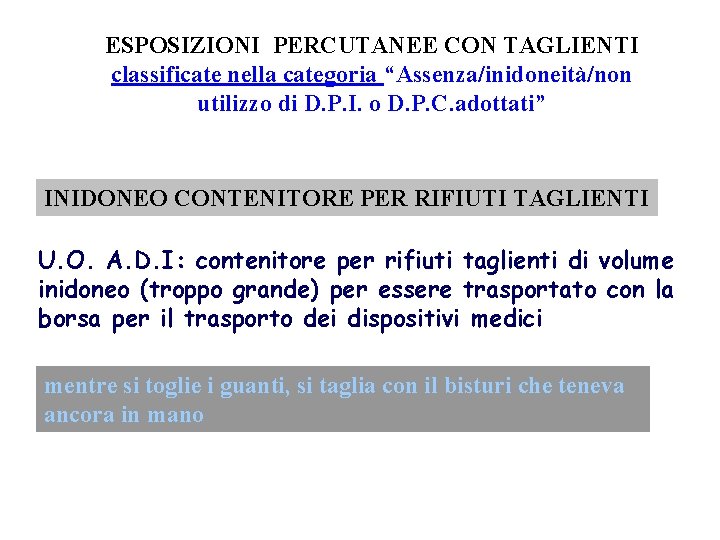 ESPOSIZIONI PERCUTANEE CON TAGLIENTI classificate nella categoria “Assenza/inidoneità/non utilizzo di D. P. I. o