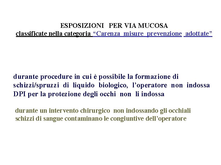 ESPOSIZIONI PER VIA MUCOSA classificate nella categoria “Carenza misure prevenzione adottate” durante procedure in