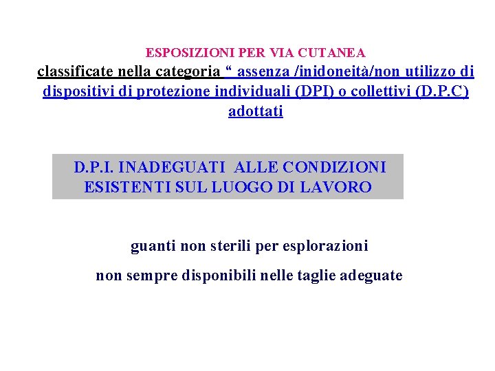 ESPOSIZIONI PER VIA CUTANEA classificate nella categoria “ assenza /inidoneità/non utilizzo di dispositivi di