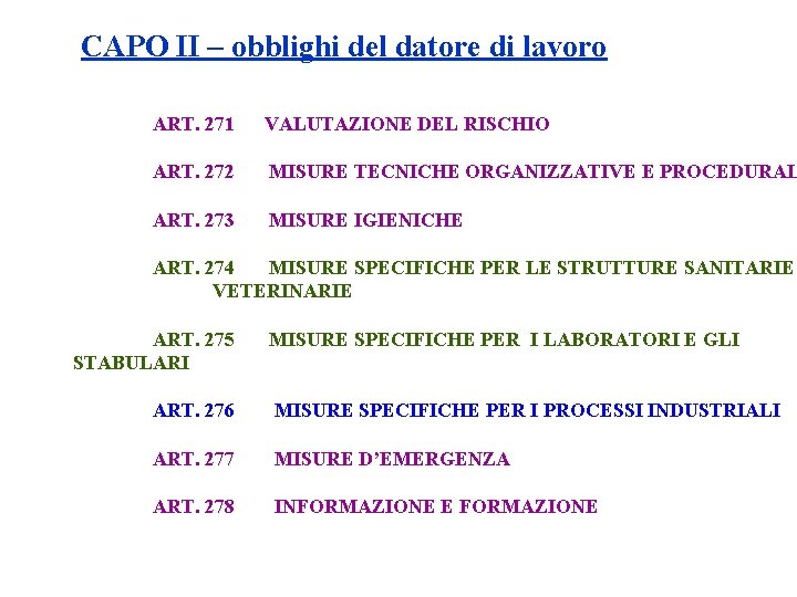 CAPO II – obblighi del datore di lavoro ART. 271 VALUTAZIONE DEL RISCHIO ART.