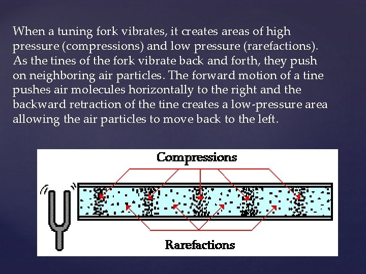 When a tuning fork vibrates, it creates areas of high pressure (compressions) and low