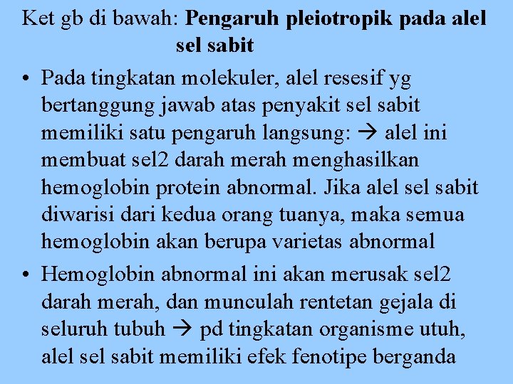 Ket gb di bawah: Pengaruh pleiotropik pada alel sabit • Pada tingkatan molekuler, alel