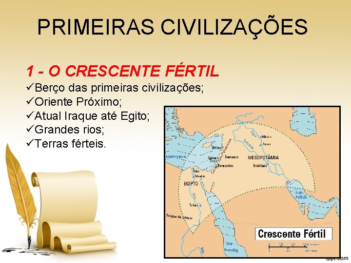 PRIMEIRAS CIVILIZAÇÕES 1 - O CRESCENTE FÉRTIL üBerço das primeiras civilizações; üOriente Próximo; üAtual