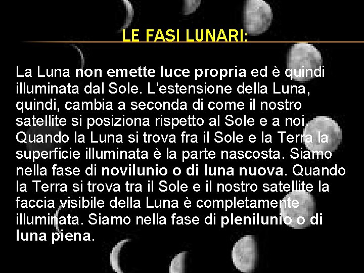 LE FASI LUNARI: La Luna non emette luce propria ed è quindi illuminata dal