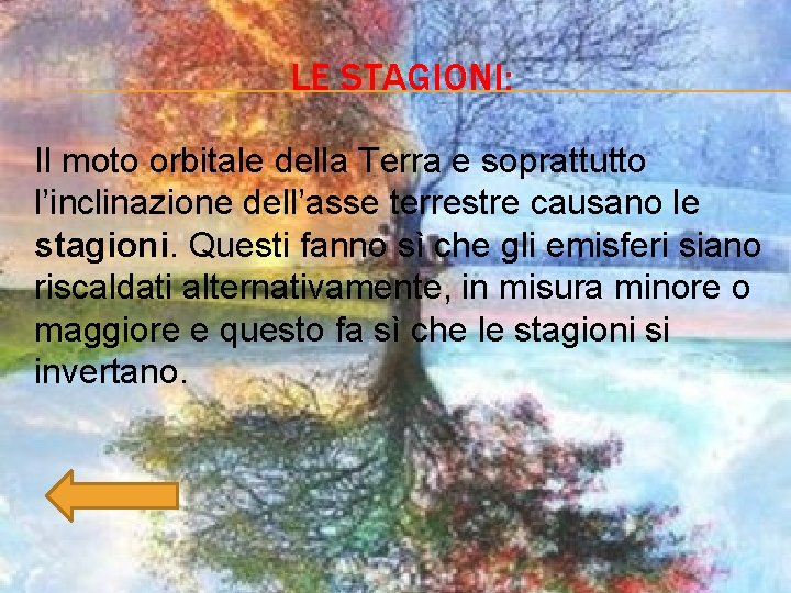 LE STAGIONI: Il moto orbitale della Terra e soprattutto l’inclinazione dell’asse terrestre causano le