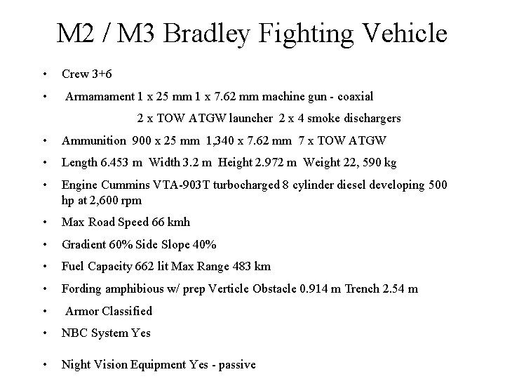 M 2 / M 3 Bradley Fighting Vehicle • Crew 3+6 • Armamament 1