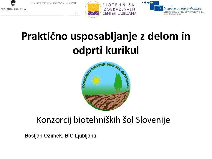 Praktično usposabljanje z delom in odprti kurikul Konzorcij biotehniških šol Slovenije Boštjan Ozimek, BIC