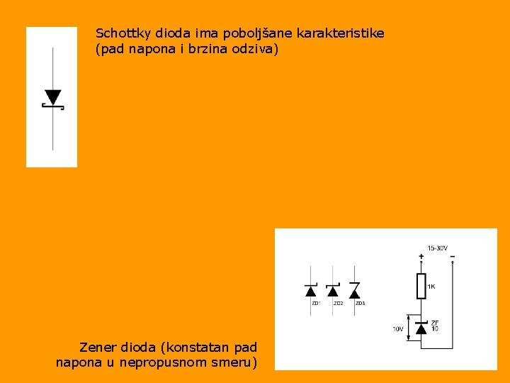 Schottky dioda ima poboljšane karakteristike (pad napona i brzina odziva) Zener dioda (konstatan pad