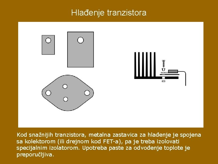 Hlađenje tranzistora Kod snažnijih tranzistora, metalna zastavica za hlađenje je spojena sa kolektorom (ili