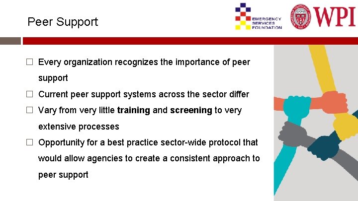 Peer Support � Every organization recognizes the importance of peer support � Current peer