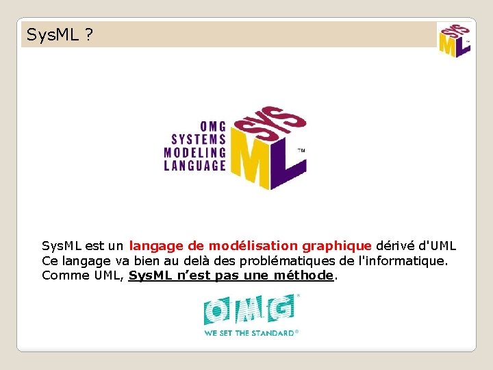 Sys. ML ? Sys. ML est un langage de modélisation graphique dérivé d'UML Ce