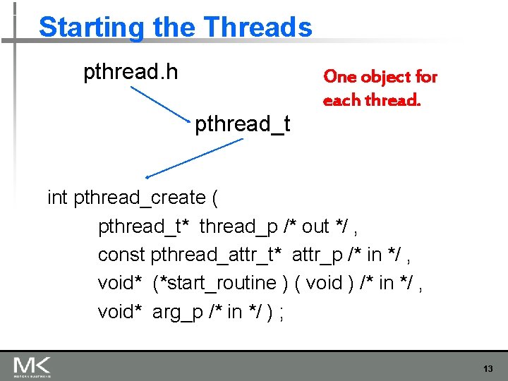 Starting the Threads pthread. h pthread_t One object for each thread. int pthread_create ( Starting the Threads pthread. h pthread_t One object for each thread. int pthread_create (