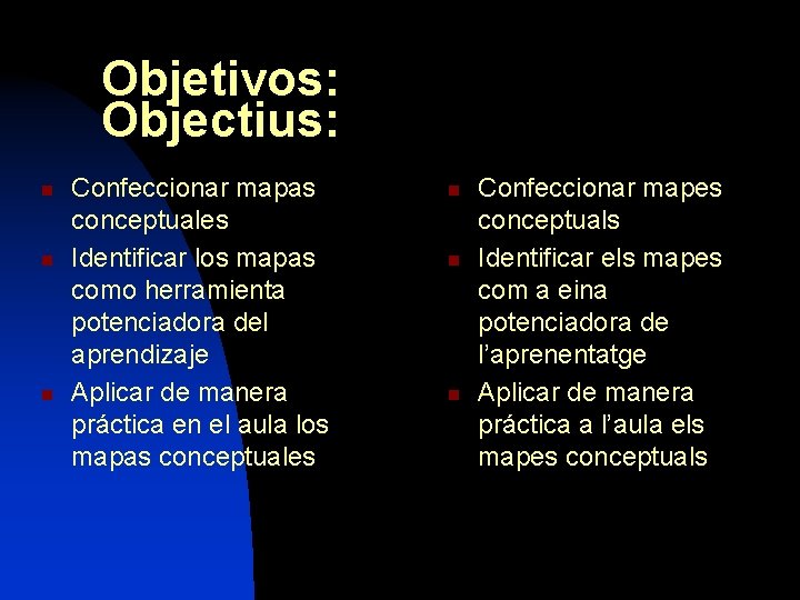 Objetivos: Objectius: n n n Confeccionar mapas conceptuales Identificar los mapas como herramienta potenciadora