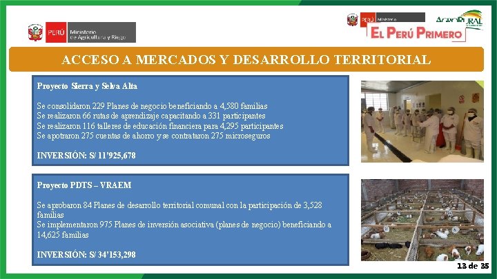 ACCESO A MERCADOS Y DESARROLLO TERRITORIAL Proyecto Sierra y Selva Alta Se consolidaron 229