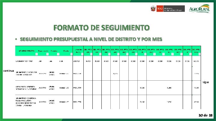 FORMATO DE SEGUIMIENTO • SEGUIMIENTO PRESUPUESTAL A NIVEL DE DISTRITO Y POR MES continua