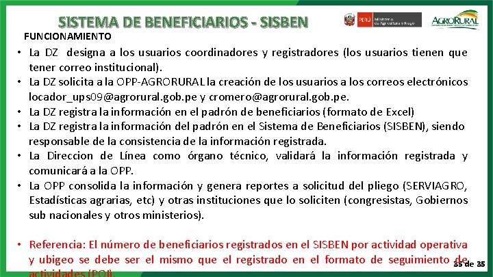 SISTEMA DE BENEFICIARIOS - SISBEN FUNCIONAMIENTO • La DZ designa a los usuarios coordinadores