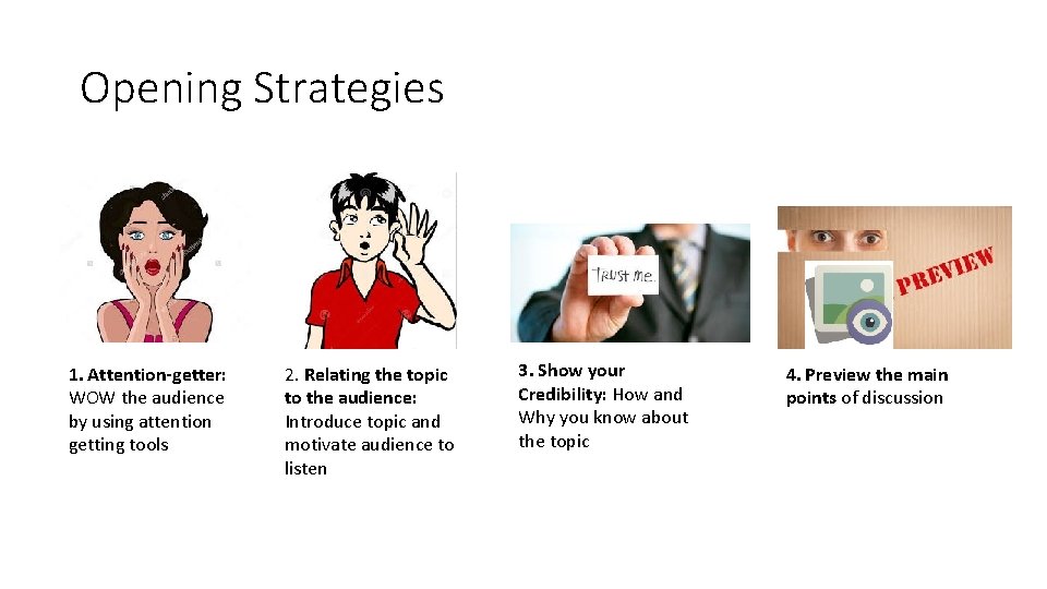 Opening Strategies 1. Attention-getter: WOW the audience by using attention getting tools 2. Relating Opening Strategies 1. Attention-getter: WOW the audience by using attention getting tools 2. Relating