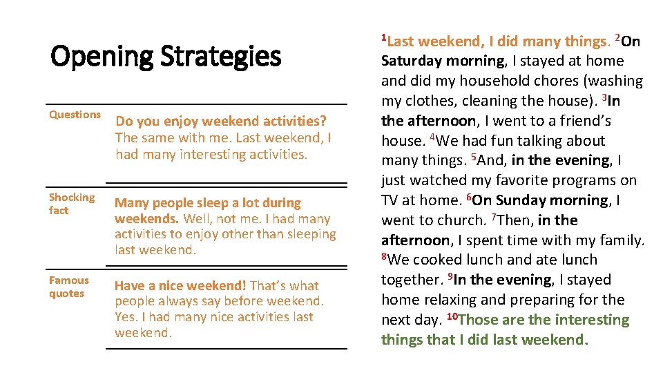 Opening Strategies Questions Do you enjoy weekend activities? The same with me. Last weekend, Opening Strategies Questions Do you enjoy weekend activities? The same with me. Last weekend,