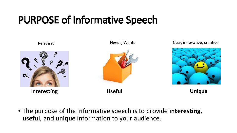 PURPOSE of Informative Speech Relevant Interesting Needs, Wants Useful New, innovative, creative Unique • PURPOSE of Informative Speech Relevant Interesting Needs, Wants Useful New, innovative, creative Unique •