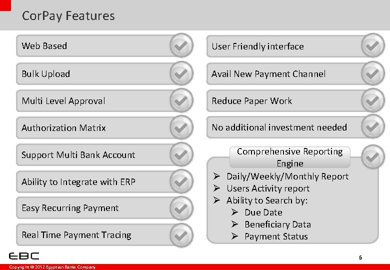 Cor. Pay Features Web Based User Friendly interface Bulk Upload Avail New Payment Channel