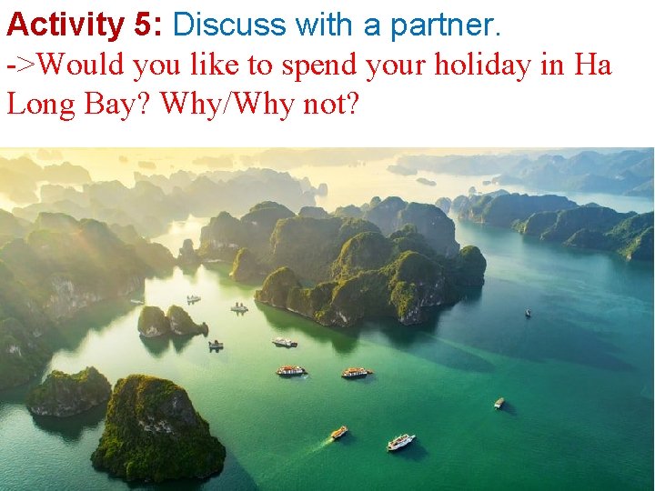 Activity 5: Discuss with a partner. ->Would you like to spend your holiday in