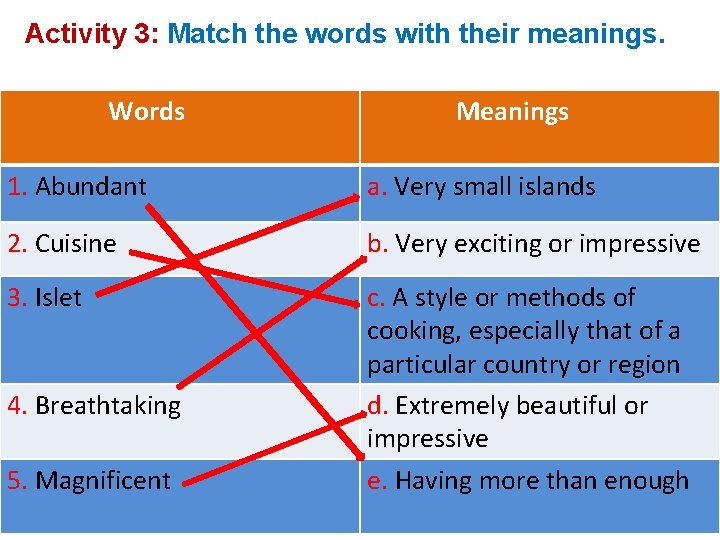 Activity 3: Match the words with their meanings. Words Meanings 1. Abundant a. Very