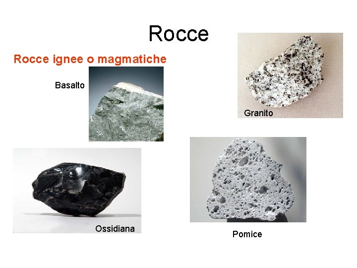 Rocce ignee o magmatiche Basalto Granito Ossidiana Pomice 