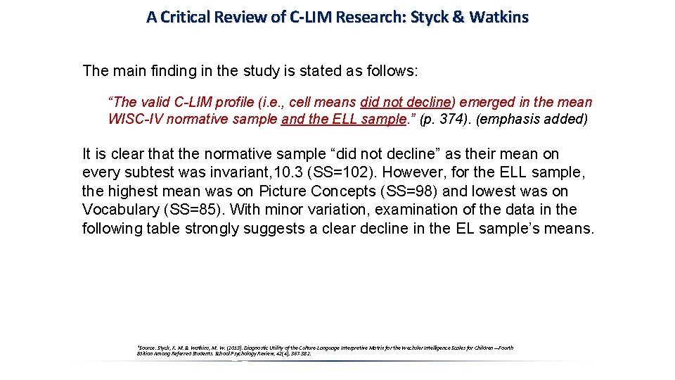 A Critical Review of C-LIM Research: Styck & Watkins The main finding in the A Critical Review of C-LIM Research: Styck & Watkins The main finding in the