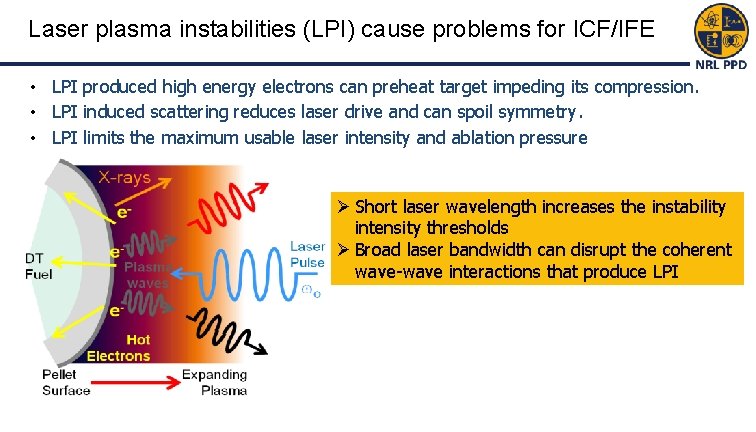 Laser plasma instabilities (LPI) cause problems for ICF/IFE • LPI produced high energy electrons Laser plasma instabilities (LPI) cause problems for ICF/IFE • LPI produced high energy electrons