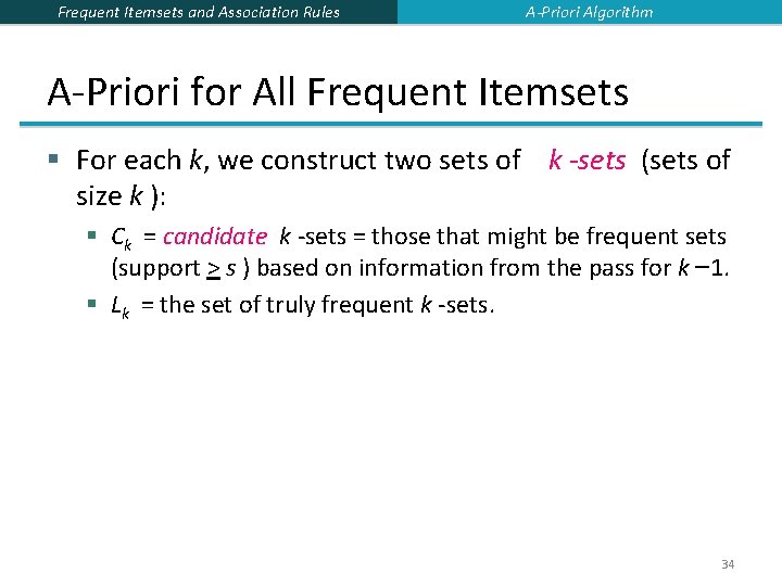 Frequent Itemsets and Association Rules A-Priori Algorithm A-Priori for All Frequent Itemsets § For Frequent Itemsets and Association Rules A-Priori Algorithm A-Priori for All Frequent Itemsets § For