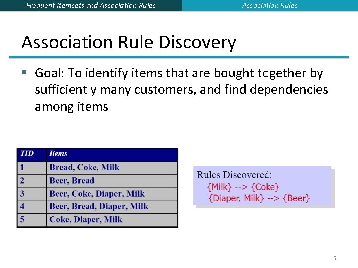 Frequent Itemsets and Association Rules Association Rule Discovery § Goal: To identify items that Frequent Itemsets and Association Rules Association Rule Discovery § Goal: To identify items that