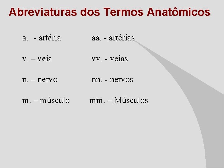 Abreviaturas dos Termos Anatômicos a. - artéria aa. - artérias v. – veia vv.