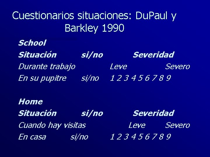 Cuestionarios situaciones: Du. Paul y Barkley 1990 School Situación si/no Severidad Durante trabajo Leve