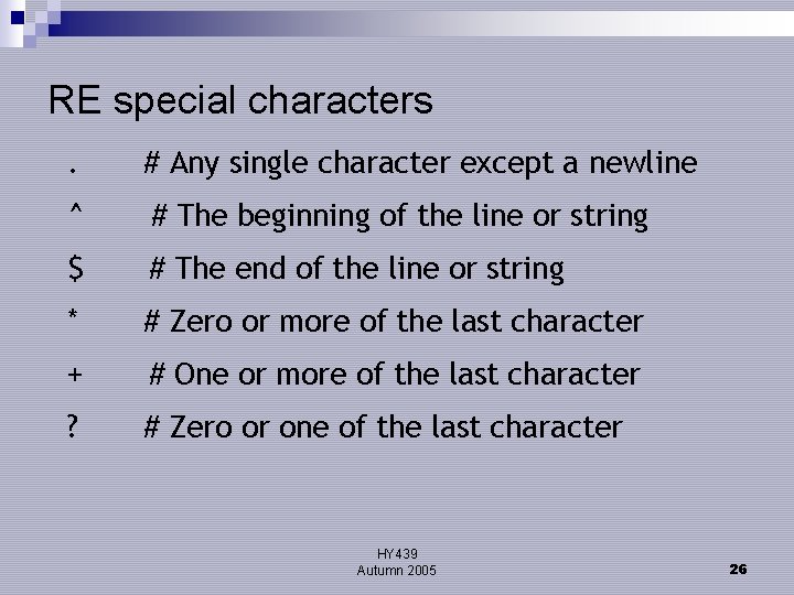 RE special characters. # Any single character except a newline ^ # The beginning