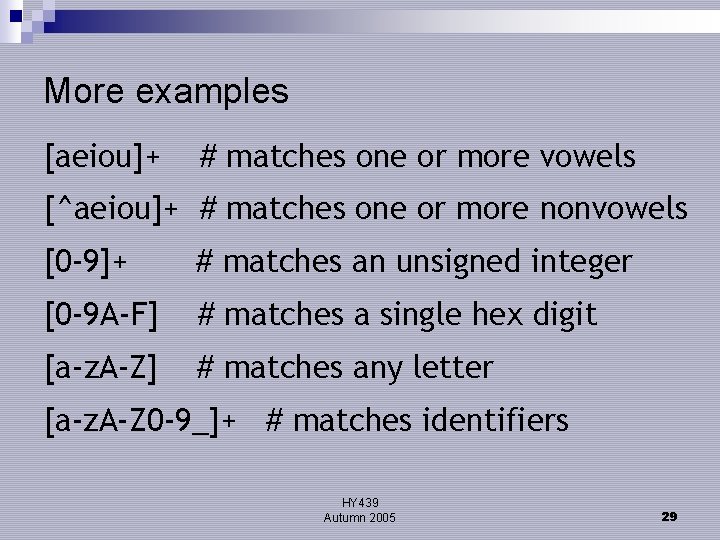 More examples [aeiou]+ # matches one or more vowels [^aeiou]+ # matches one or