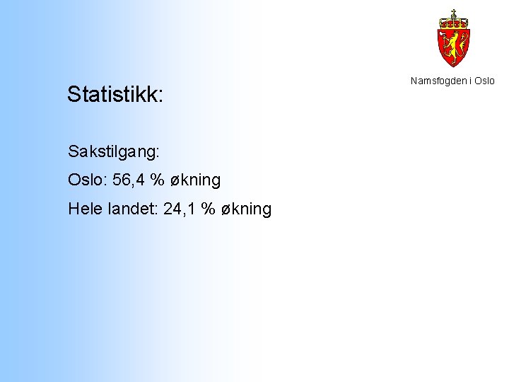 Statistikk: Sakstilgang: Oslo: 56, 4 % økning Hele landet: 24, 1 % økning Namsfogden Statistikk: Sakstilgang: Oslo: 56, 4 % økning Hele landet: 24, 1 % økning Namsfogden