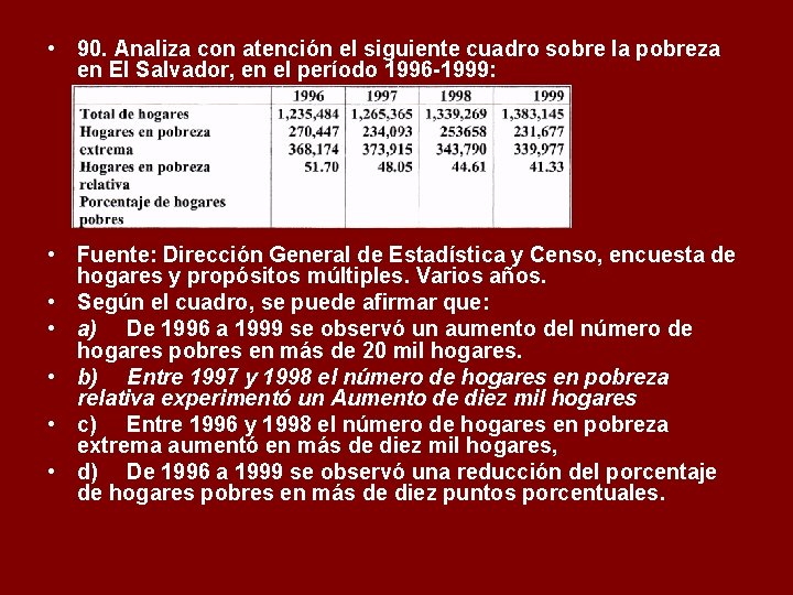  • 90. Analiza con atención el siguiente cuadro sobre la pobreza en El