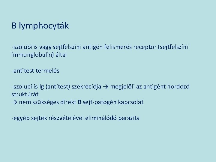 B lymphocyták -szolubilis vagy sejtfelszíni antigén felismerés receptor (sejtfelszíni immunglobulin) által -antitest termelés -szolubilis