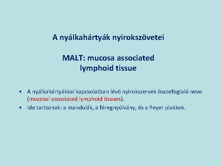 A nyálkahártyák nyirokszövetei MALT: mucosa associated lymphoid tissue • A nyálkahártyákkal kapcsolatban lévő nyirokszervek