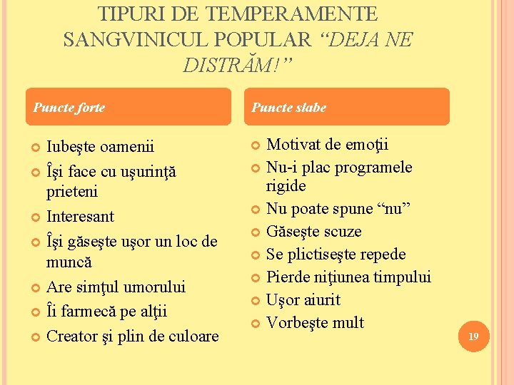 TIPURI DE TEMPERAMENTE SANGVINICUL POPULAR “DEJA NE DISTRĂM!” Puncte forte Puncte slabe Iubeşte oamenii